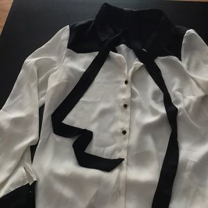 Anne Klein cream and black tuxedo style blouse